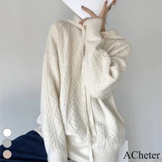 【ACheter】學院風麻花連帽針織衫韓系學生軟糯寬鬆套頭長袖毛衣顯瘦中長版上衣#114752(3色)