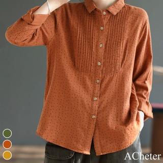 【ACheter】秋季新款休閒復古棉紗減齡風琴褶波點長袖襯衫寬鬆短版上衣#113735(3色)