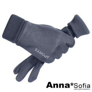【AnnaSofia】運動騎車防風保暖觸屏觸控手套-麂皮絨SPORT標(藍灰系)