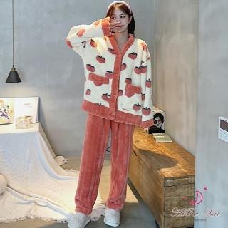 【Annita】可愛草莓 法蘭絨珊瑚絨兩件式居家服女睡衣(兩件式套裝/連身睡衣/保暖居家服/長袖/中大尺碼)