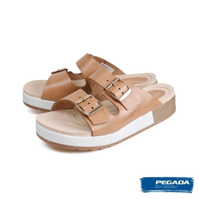 【PEGADA】真皮雙帶扣環厚底拖鞋 棕色(232162-BR)