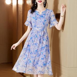 【ALICAI 艾麗彩】藍紫水彩玫瑰印花雪紡洋裝(中大尺碼/S-3XL)