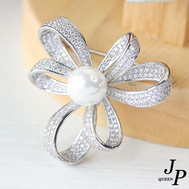 【Jpqueen】禮物多層綁帶珍珠水鑽胸針別針(銀色)
