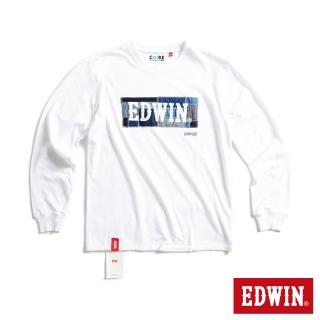 【EDWIN】男裝 再生系列 牛仔拼接印花LOGO長袖T恤(白色)
