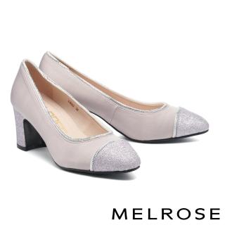 【MELROSE】時髦摩登水鑽異材質拼接高跟鞋(粉紫)