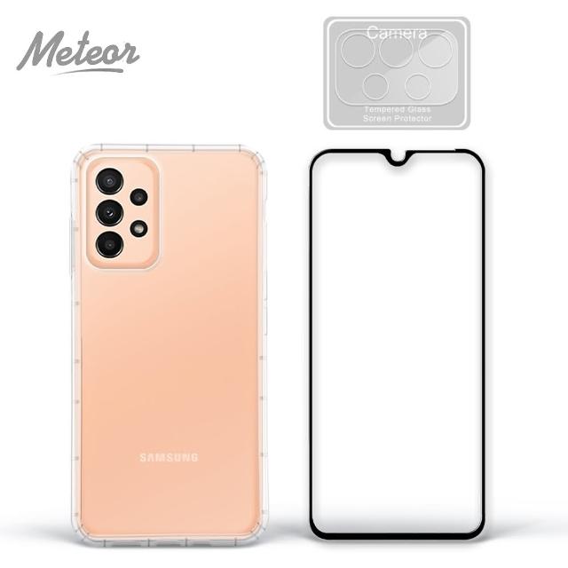 【Meteor】SAMSUNG Galaxy A23 5G 手機保護超值3件組(透明空壓殼+鋼化膜+鏡頭貼)