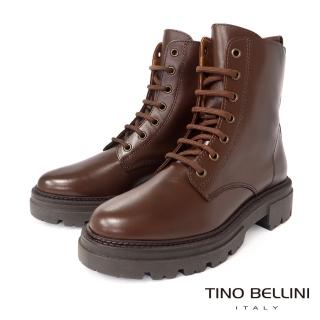 【TINO BELLINI 貝里尼】義大利進口牛皮側拉鍊厚底繫帶中筒靴FWNT021B(咖啡)