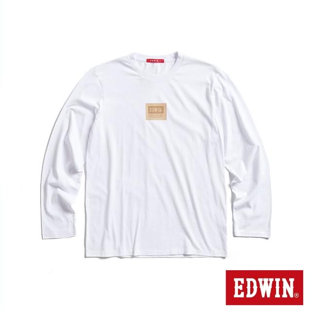 【EDWIN】男裝 人氣復刻款 仿皮牌LOGO長袖T恤(白色)