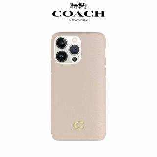 【COACH】iPhone 14 Plus 精品真皮手機殼 粉白色經典大C(保護殼/手機套)