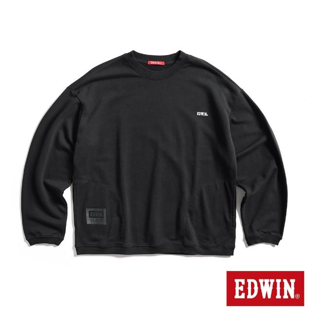 【EDWIN】男裝 人氣復刻款 仿皮牌雙口袋厚長袖T恤(黑色)