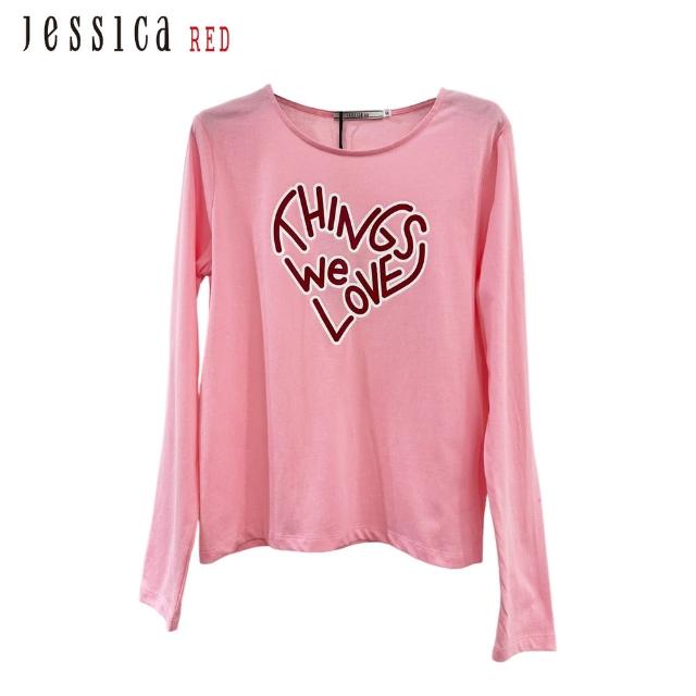 【Jessica Red】簡約百搭Logo棉質圓領長袖T恤824462（粉）