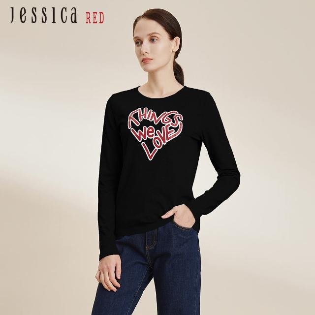 【Jessica Red】簡約百搭Logo棉質圓領長袖T恤824462（黑）