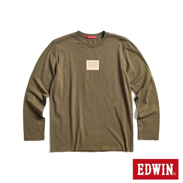 【EDWIN】男裝 人氣復刻款 仿皮牌LOGO長袖T恤(橄欖綠)