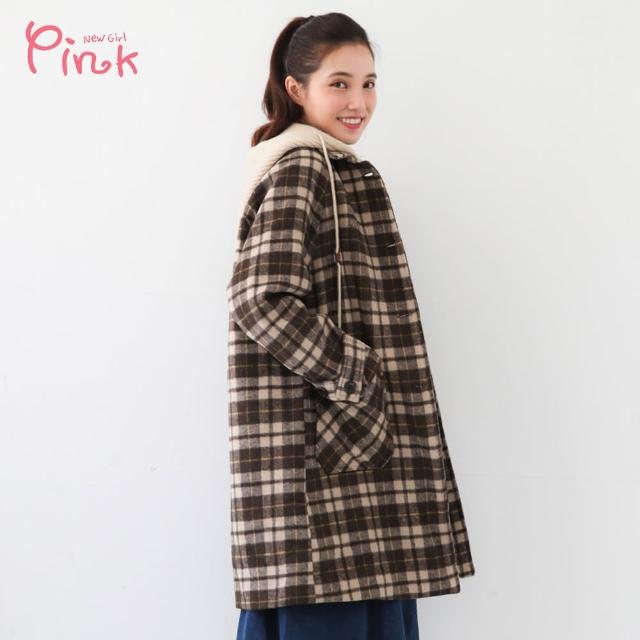【PINK NEW GIRL】日系毛呢格紋排扣連帽大衣 J6701FD