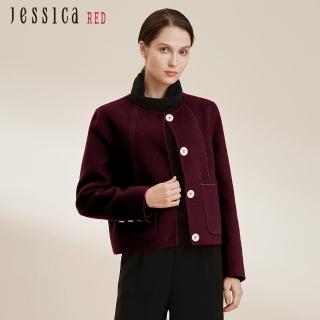 【Jessica Red】百搭簡約口袋圓領短版羊毛外套824609（酒紅）