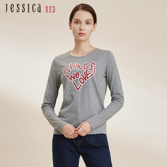 【Jessica Red】簡約百搭Logo棉質圓領長袖T恤824462（灰）