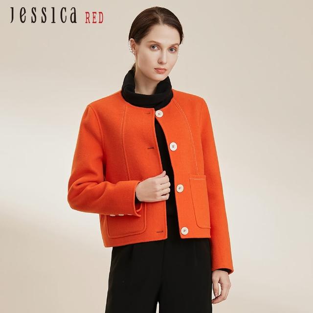 【Jessica Red】百搭簡約口袋圓領短版羊毛外套824609（橘）