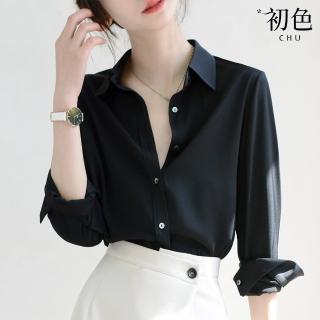 【初色】素面百搭寬鬆長袖襯衫上衣女上衣-黑色-64017(M-XL可選)