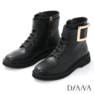 【DIANA】5.5cm質感牛皮金屬方框側拉鍊式馬汀軍靴-率性獨特(黑)