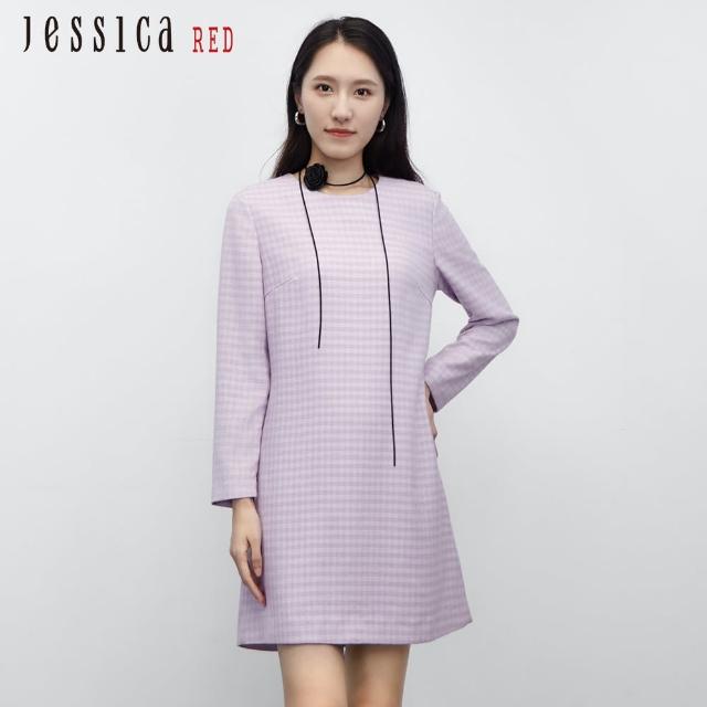 【Jessica Red】知性優雅格紋花呢修身長袖洋裝824176（粉紫）