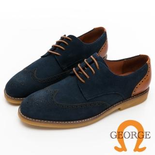 【GEORGE 喬治皮鞋】Amber系列 絨面牛皮雕花雙配色綁帶紳士鞋 -藍 215006BW-70