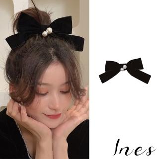 【INES】珍珠髮夾 蝴蝶結髮夾/韓國設計法式復古絨面珍珠蝴蝶結髮夾(2色任選)