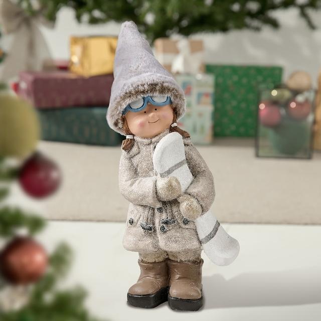 【YU Living 信歐傢居】聖誕人偶擺飾 尖帽女孩拿雪橇造型擺飾 高43cm(灰白色)