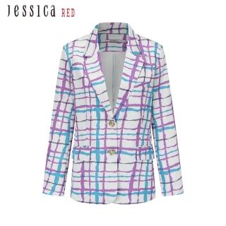 【Jessica Red】個性時尚抽象格紋單排扣西裝外套824103（紫）