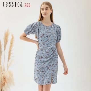 【Jessica Red】修身浪漫印花褶皺開叉短袖雪紡洋裝824171