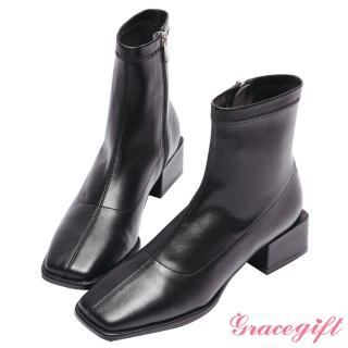 【Grace Gift】innisfree韓系聯名-韓系方頭造型中跟短靴(黑)