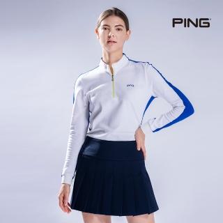 【PING】女款星型剪接立領長袖POLO衫-藍(日本素材/GOLF/高爾夫球衫/RA22216-56)