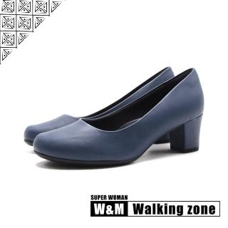 【WALKING ZONE】女 SUPER WOMAN系列 圓頭素面女仕中跟鞋 女鞋(丈藍)