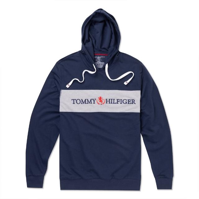 【Tommy Hilfiger】TOMMY 經典刺繡文字Logo連帽T恤 上衣-深藍色(平輸品)