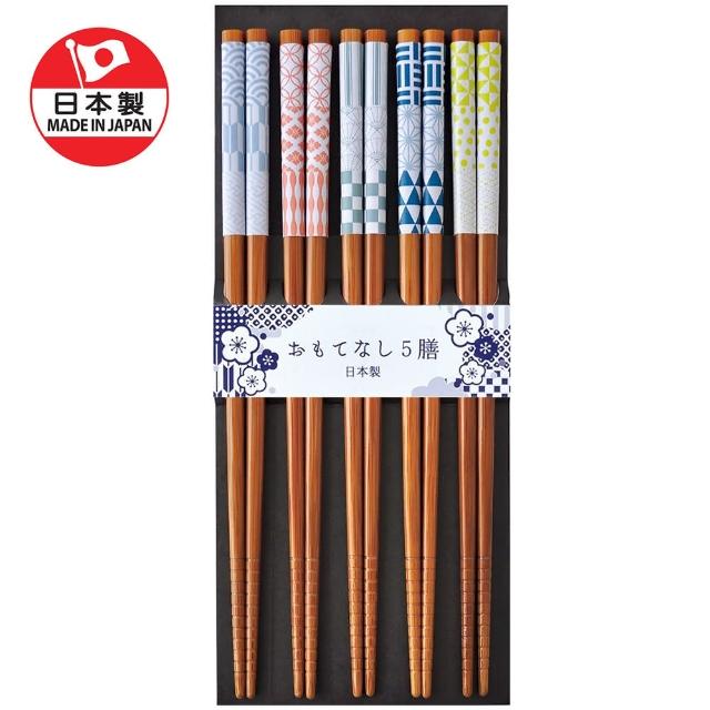 【DAIDOKORO】日本製幾何造型頂級天然竹筷子5雙入(彩色日式和風/可機洗/抗菌加工/防滑加工)