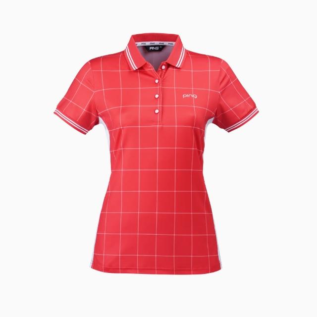 【PING】女款格紋短袖 POLO衫-紅(吸濕排汗/抗UV/GOLF/高爾夫球衫/RA21109-18)