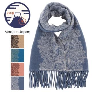 【日本SOLEIL】日本製蕾絲花葉圖騰頂級設計柔軟舒適羊毛觸感保暖圍巾脖圍披肩(藍色)