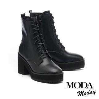 【MODA Moday】質感率性牛皮造型綁帶水台高跟短靴(黑)