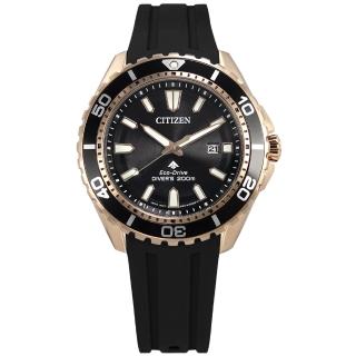 【CITIZEN 星辰】PROMASTER 光動能 潛水錶 防水200米 日期 橡膠手錶 黑x玫瑰金框 44mm(BN0193-17E)