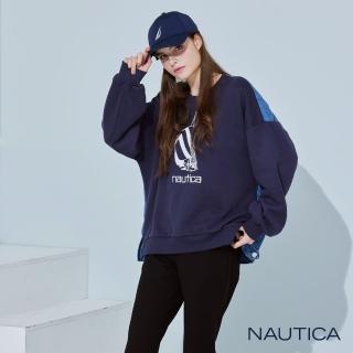 【NAUTICA】女裝 品牌LOGO異材質拼接刷毛大學T(深藍)