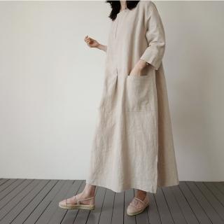 【慢。生活】日系寬鬆大碼大口袋棉麻連衣裙-F(麻)
