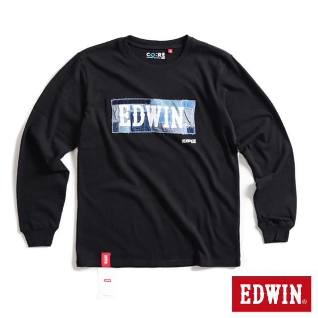 【EDWIN】男裝 再生系列 牛仔拼接印花LOGO長袖T恤(黑色)