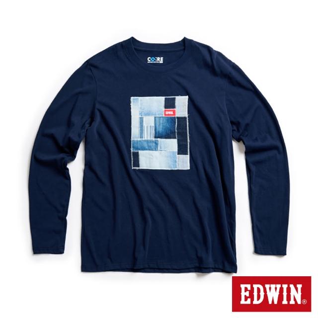 【EDWIN】男裝 再生系列 牛仔拼接LOGO長袖T恤(丈青色)