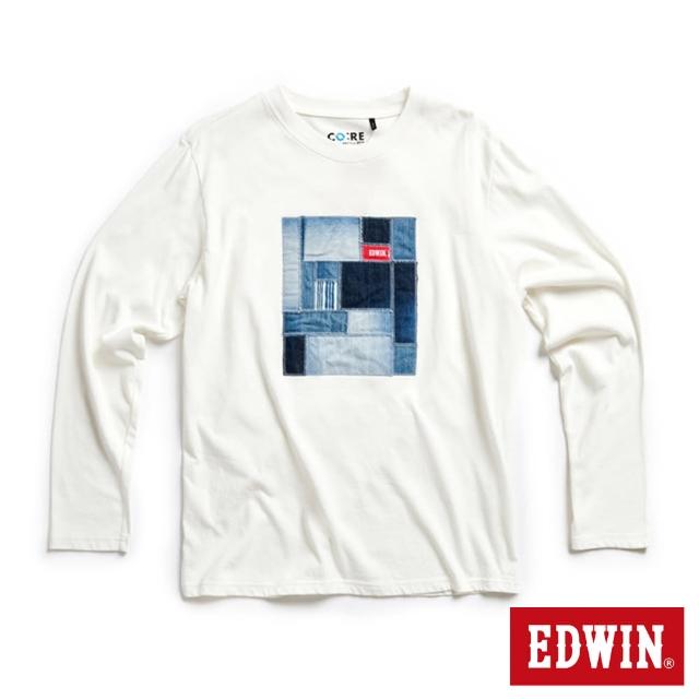 【EDWIN】男裝 再生系列 牛仔拼接LOGO長袖T恤(白色)