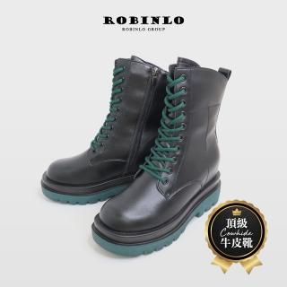 【Robinlo】獨特焦點撞色真皮綁帶中筒靴馬汀靴短靴機車靴FARON(極簡黑)