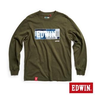 【EDWIN】男裝 再生系列 牛仔拼接印花LOGO長袖T恤(橄欖綠)