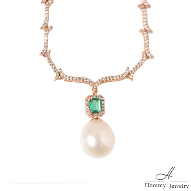 【Hommy Jewelry】Venus之妒綠鑽鋯珍珠項鍊(珍珠)