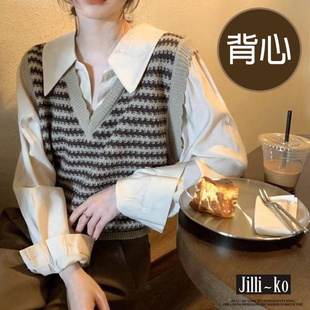 【JILLI-KO】條紋針織馬甲背心 -F(咖)
