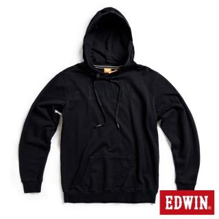 【EDWIN】男裝 橘標 斜紋繡花LOGO連帽長袖T恤(黑色)