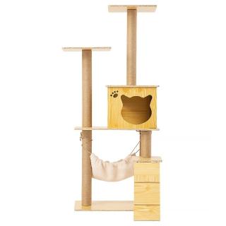 【樂嫚妮】木製貓跳台含小吊床 貓抓柱 貓抓板(貓咪小窩 貓玩具 貓跳臺)