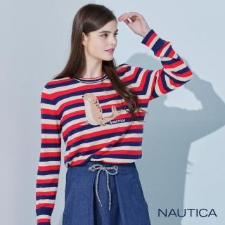 【NAUTICA】女裝 海豹圖騰休閒條紋針織衫(紅色)